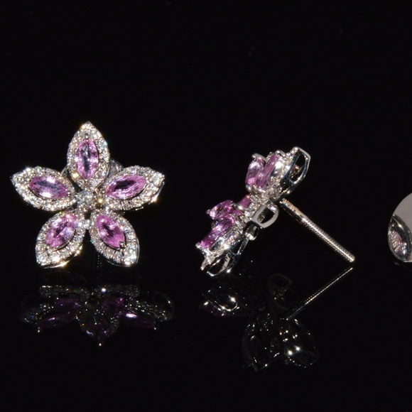 CERTIFIED NATURAL 2.36CTS VS F DIAMOND PINK SAPPHIRE 18K GOLD FLORAL EARRINGS - Picture 8 of 15
